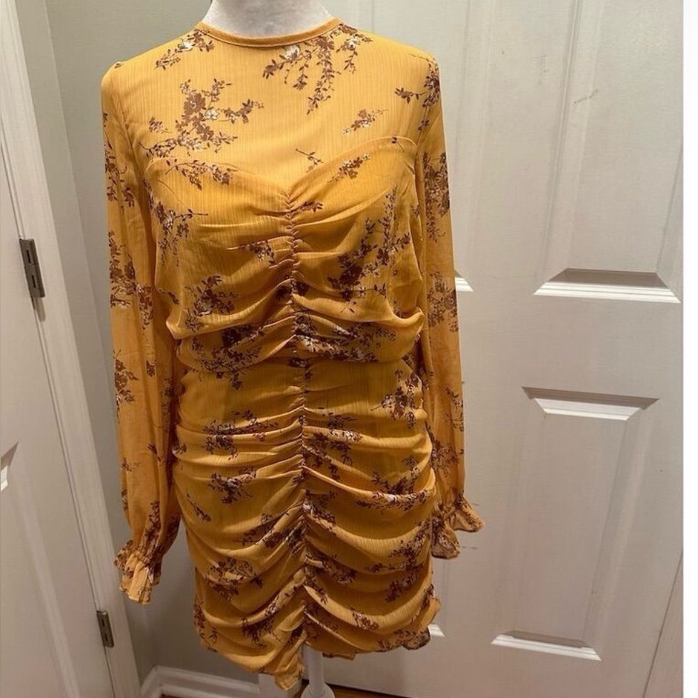 Vici Women's Floral Ruched Long Sleeve Yellow Minidress Size M